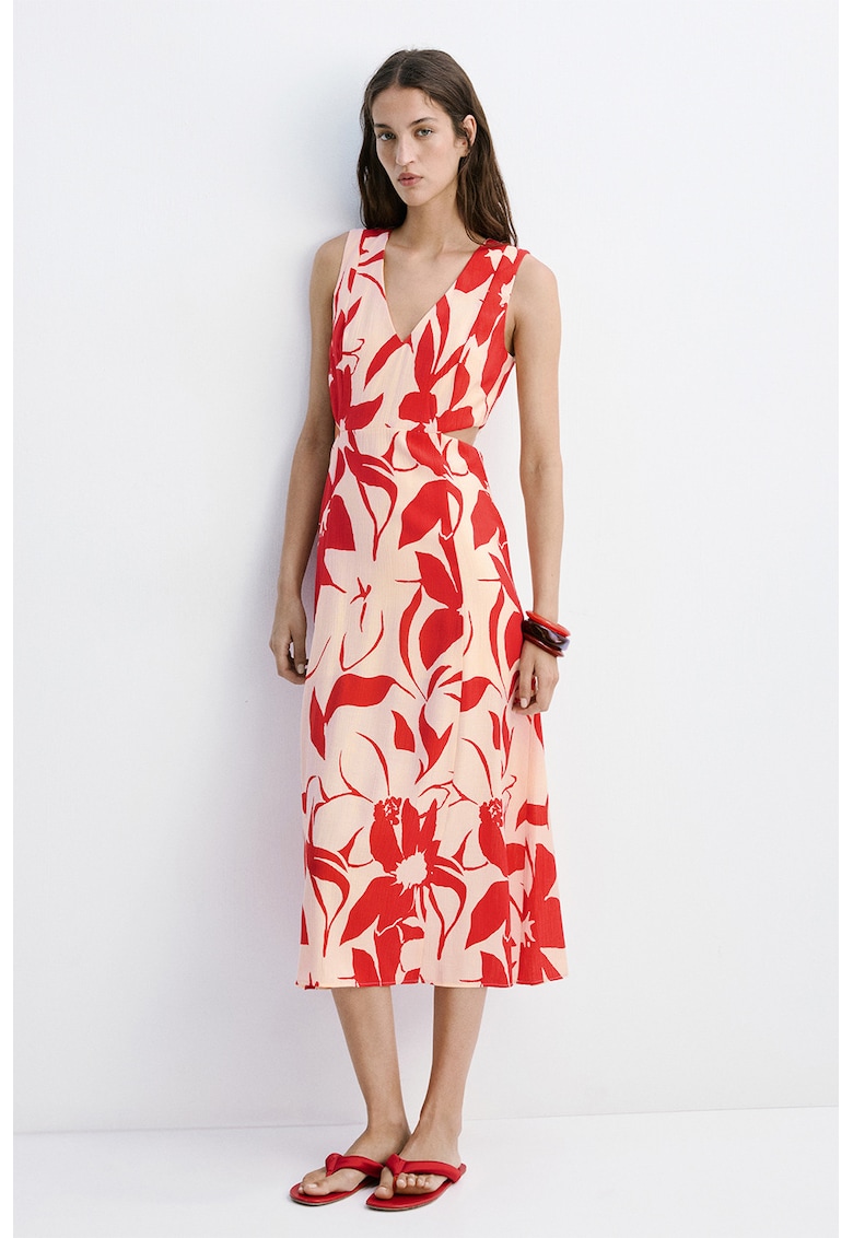 Rochie midi cu decolteu in V si model - Rosu/Crem