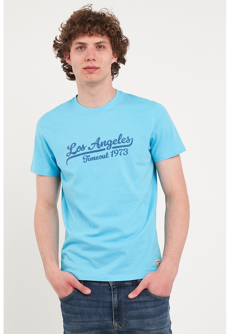 Tricou din bumbac cu imprimeu text - Albastru deschis