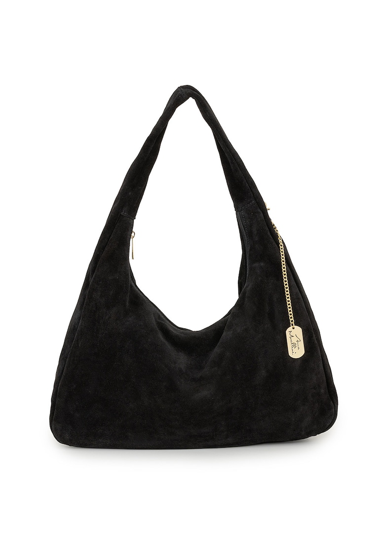 Geanta hobo din piele intoarsa cu accesoriu logo - Negru