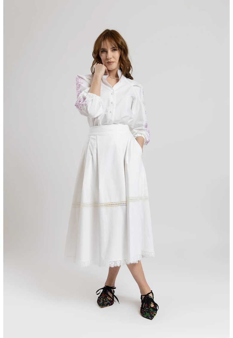 Fusta midi din bumbac alb cu insertii de macrame