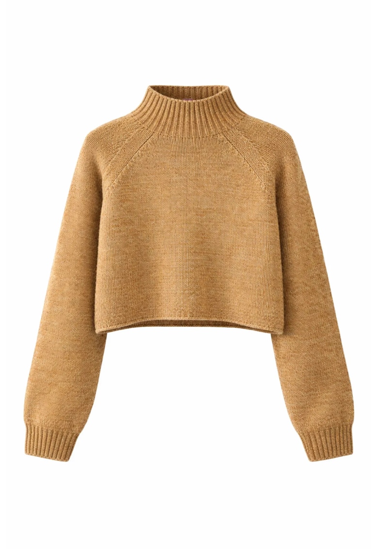 Pulover scurt - tricotat texturat - maneci lungi - Tan Natural - acrilic/poliester -