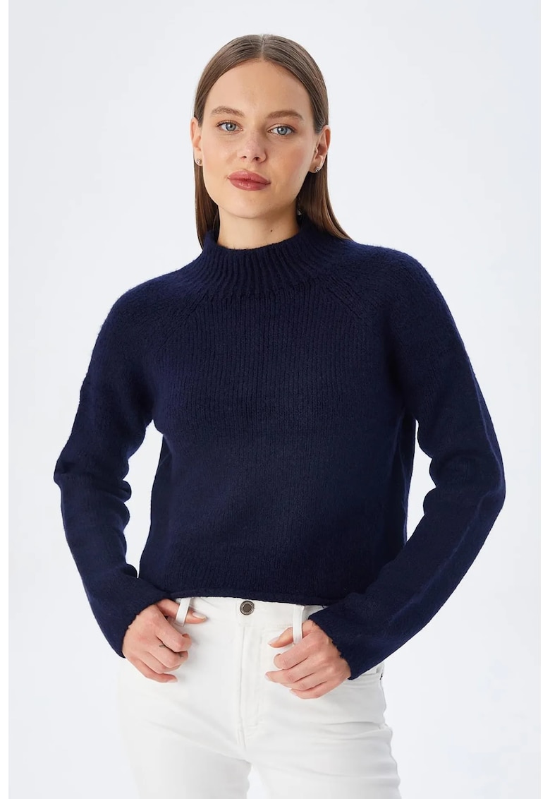 Pulover scurt - bleumarin - tricotaj texturat - maneci lungi - acrilic-poliester -