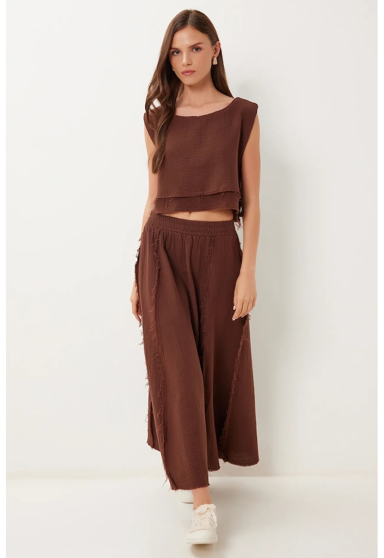 Set Coordonat Femei - Happiness Istanbul - Bluza fara Maneci si Fusta cu Picior Larg - Maro Mocha - 100% bumbac