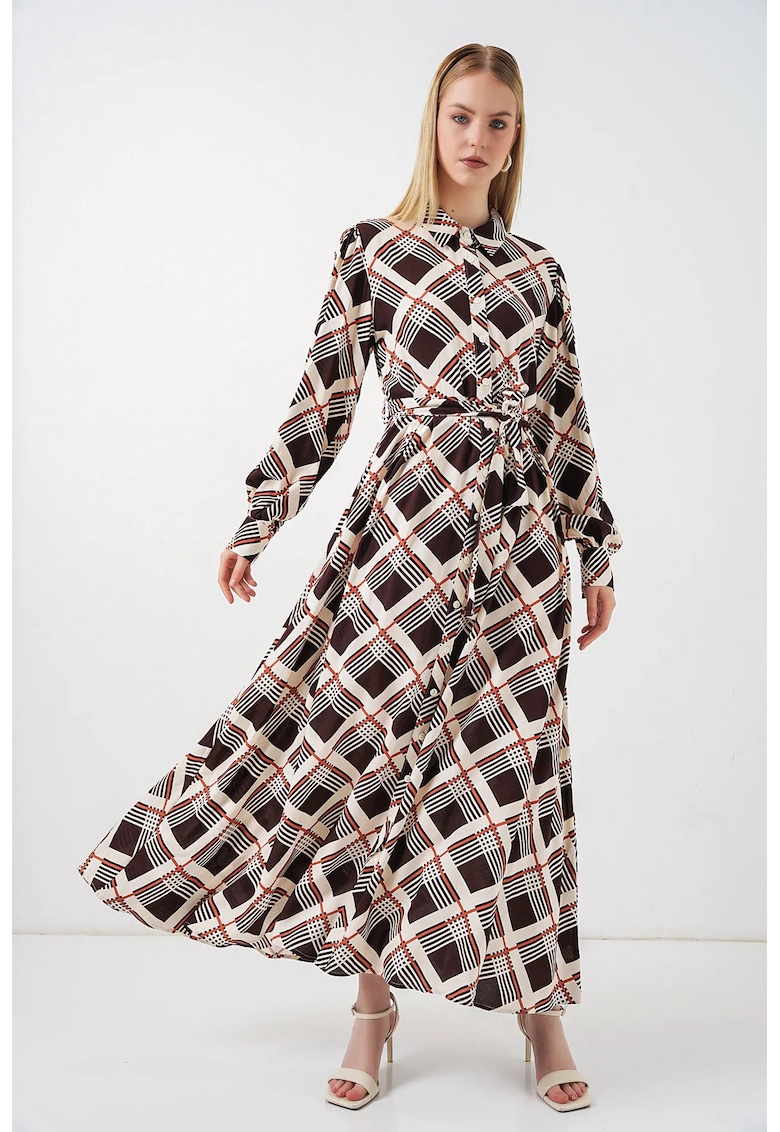 Rochie camasa midi - carouri - maro - 100% viscoza