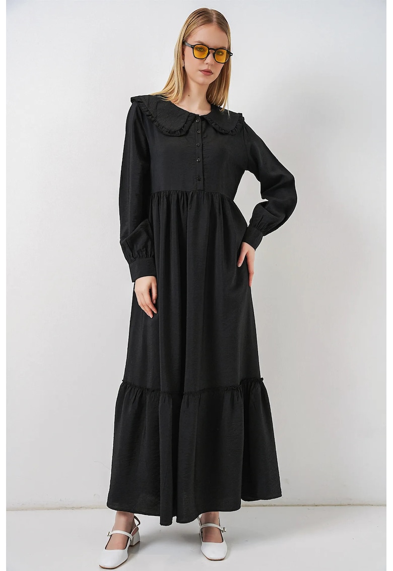 Rochie Maxi casual - neagra - cu guler tip bebelus - maneca lunga - 84% viscoza - 16% nailon