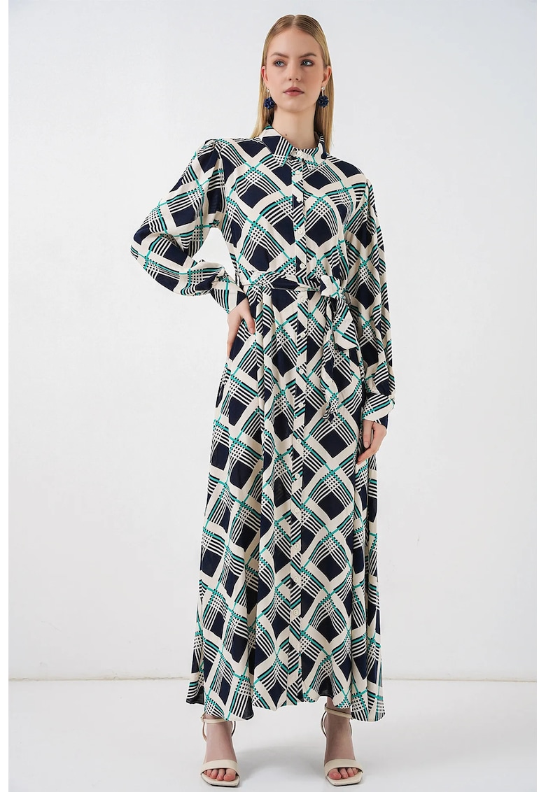 Rochie camasa midi - carouri - albastru marin - 100% viscoza