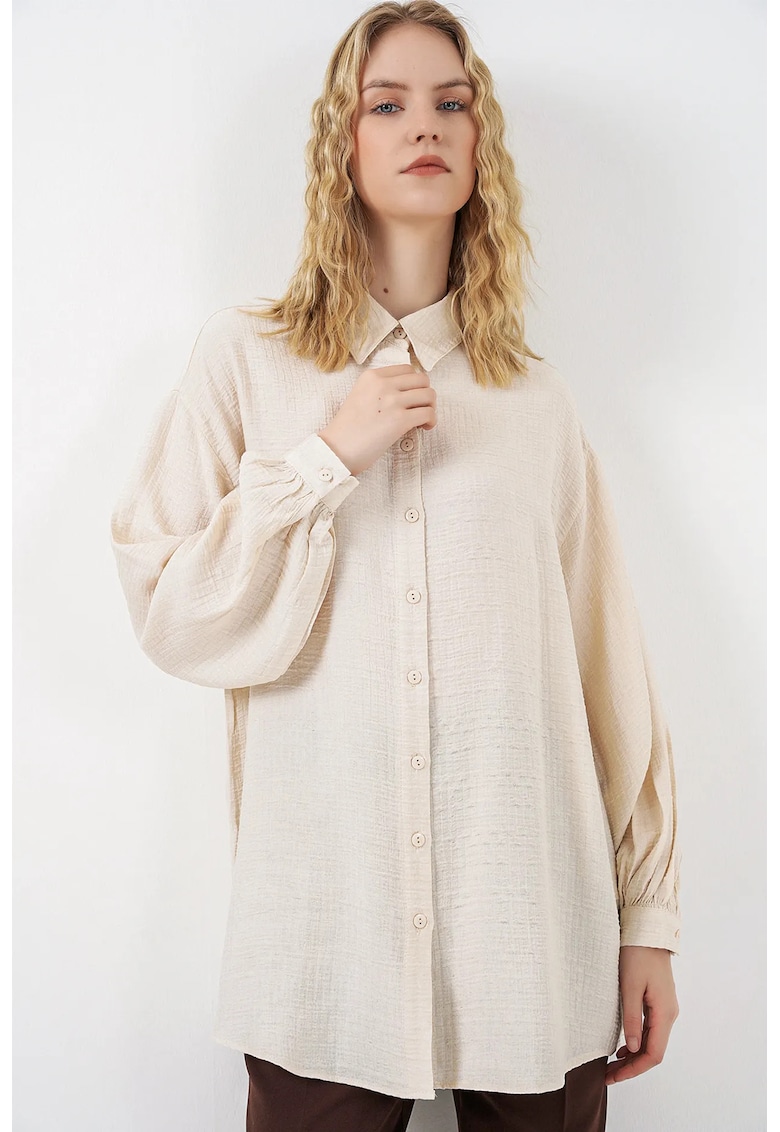 Camasa dama - bluza lunga supradimensionata - crem natural - amestec de viscoza si nailon