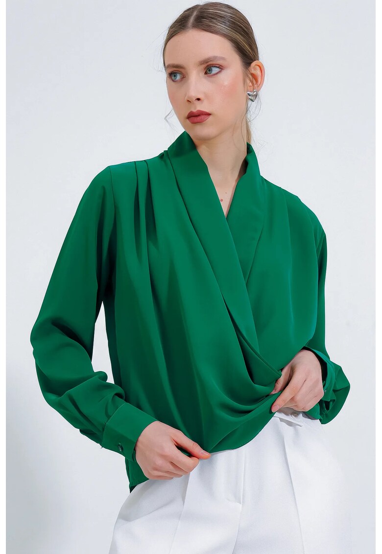 Bluza dama - guler sal - croiala lejera - verde - poliester
