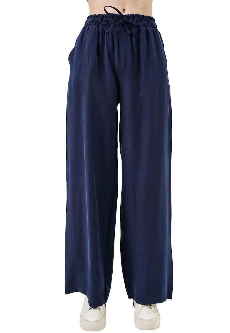 Pantaloni dama - cu talie inalta - picior larg - albastru marin - fabricat din material de calitate