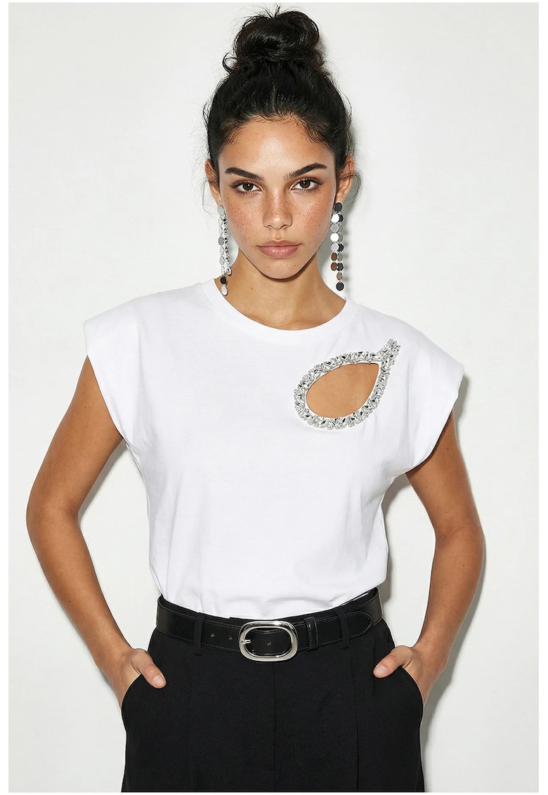 Tricou dama - regular fit - cu decupaj - alb - 100% bumbac