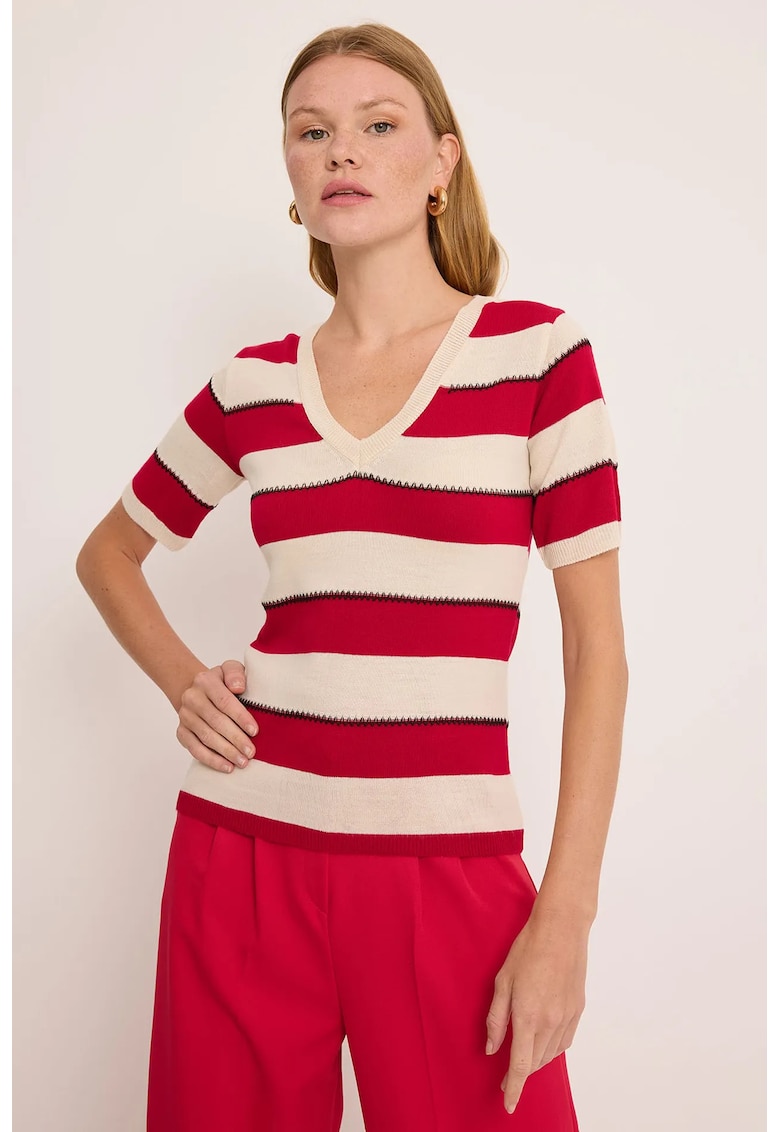 Bluza dama - cu dungi - decolteu in V - mulata - rosu - acrilic