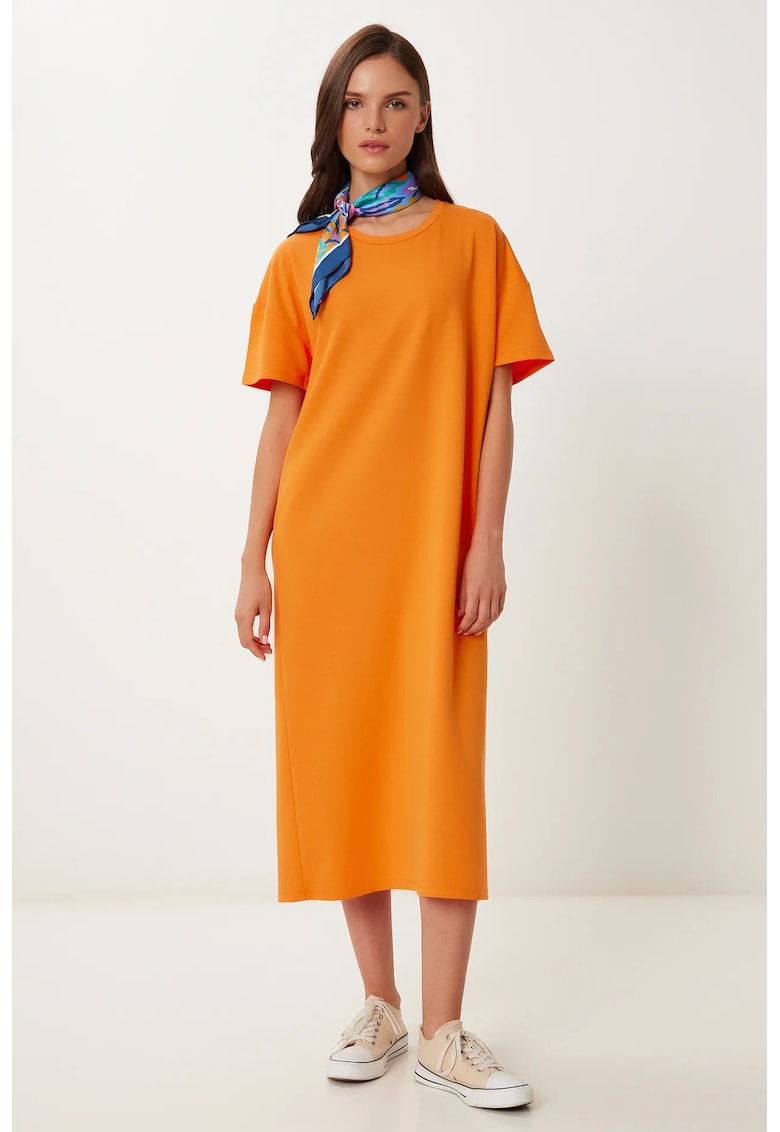 Rochie midi - Happiness Istanbul - portocalie - bumbac - cu slit