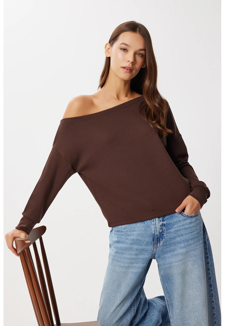 Bluza dama - Happiness Istanbul - bluza cu guler asimetric - croiala lejera - maro mocha - viscoza-elastan