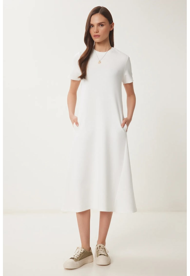 Rochie midi Happiness Istanbul - eleganta - crem - bumbac-elastan - maneci scurte