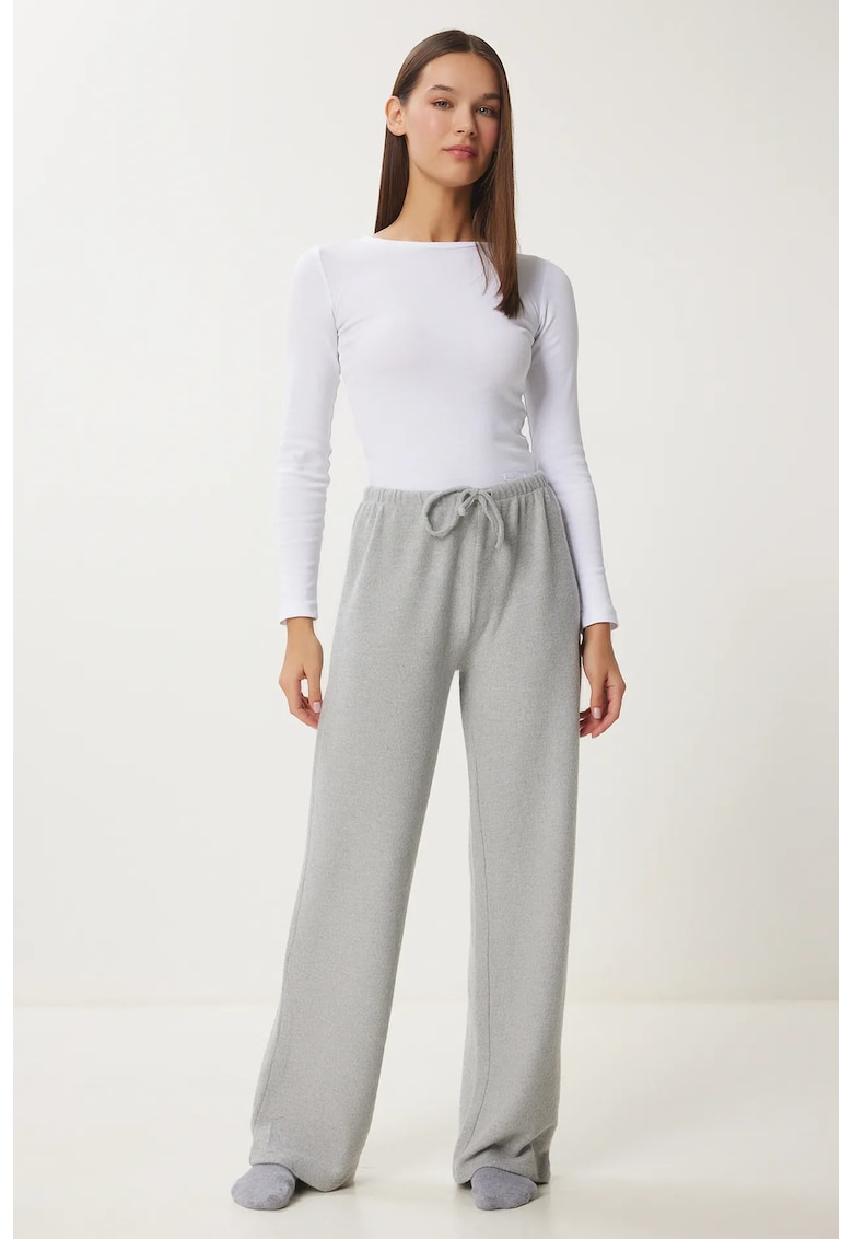 Pantaloni dama - Happiness Istanbul - trening - picior larg - gri deschis - elastic - poliester-viscoza-elastan -