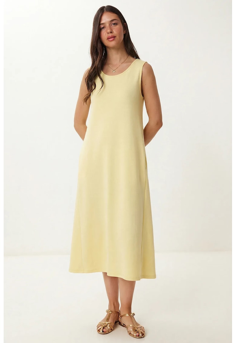 Rochie Midi Happiness Istanbul - A-Line - Galben Chihlimbar - Buzunar - Bumbac-Elastan