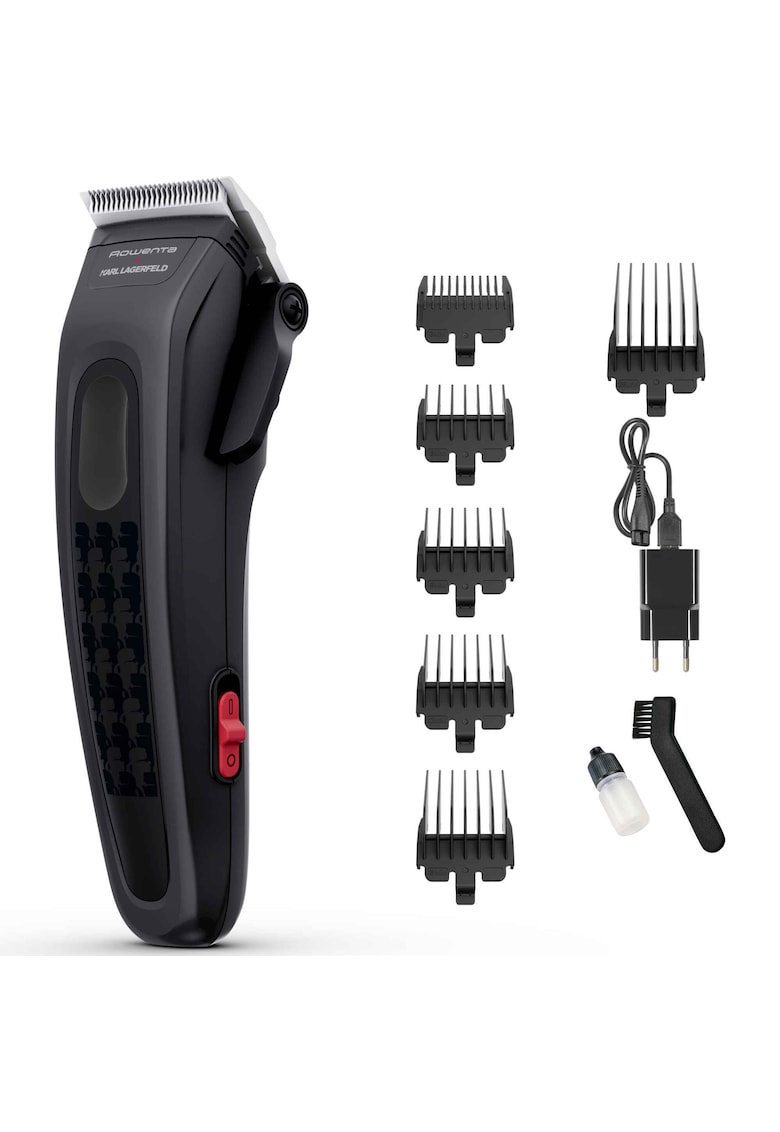 Aparat de tuns x Karl Lagerfeld Perfect Line - 5200 rpm - autonomie pana la 150 minute - 28 de setari de taiere - 6 piepteni - perie curatare si ulei lubrifiant incluse - lame din inox - negru
