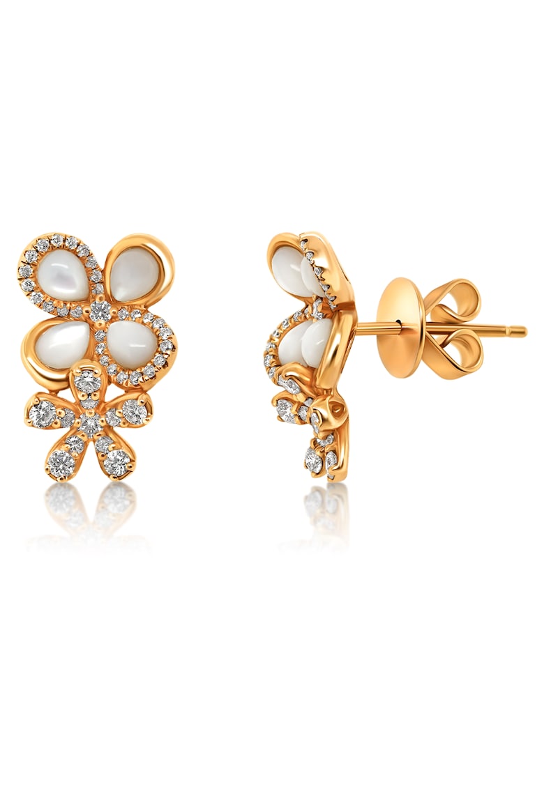 Cercei din aur roz de 18K cu sidef și diamante naturale - design floral - elegant