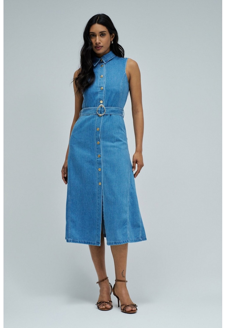 Rochie din denim cu nasturi si cordon in talie