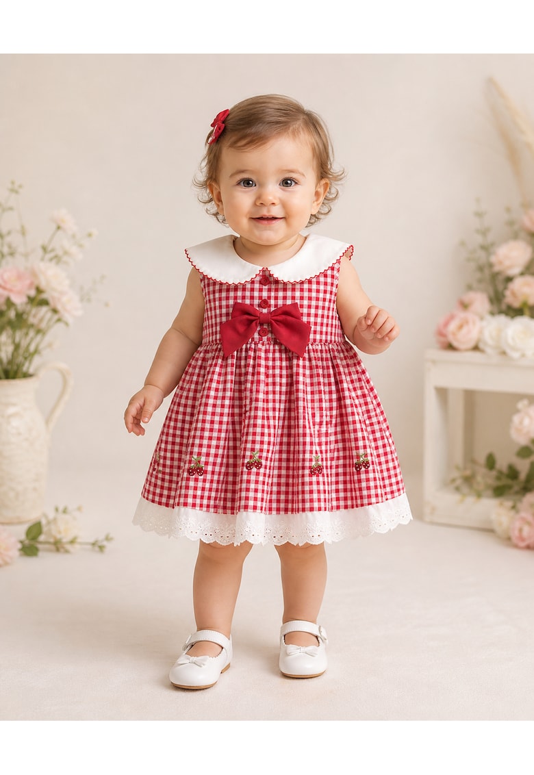 Rochiță Fetițe Carouri Roșu cu Alb Broderie Cireșe Isabella