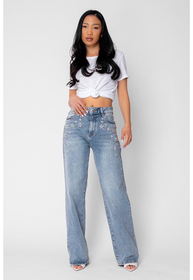 Blugi elastici largi cu strasuri aplicate Blue 21440 - BLUE