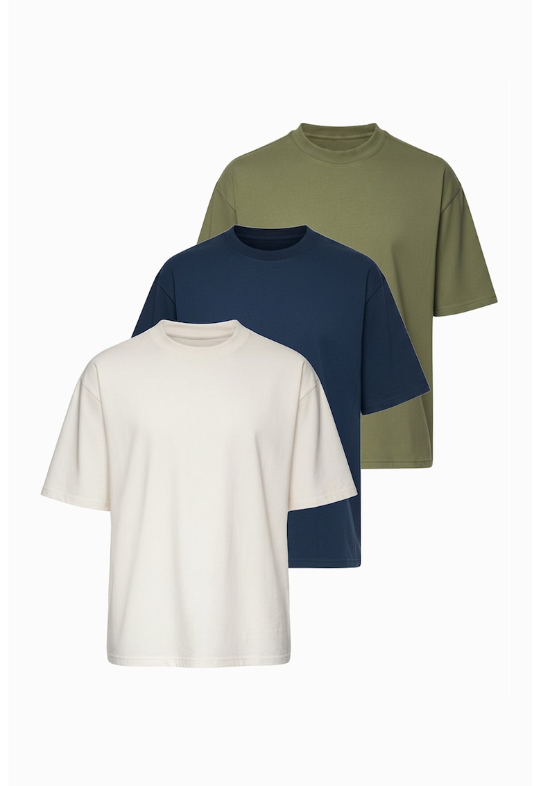 Set de tricouri din amestec de bumbac - 3 piese - Alb murdar/Verde stins/Bleumarin