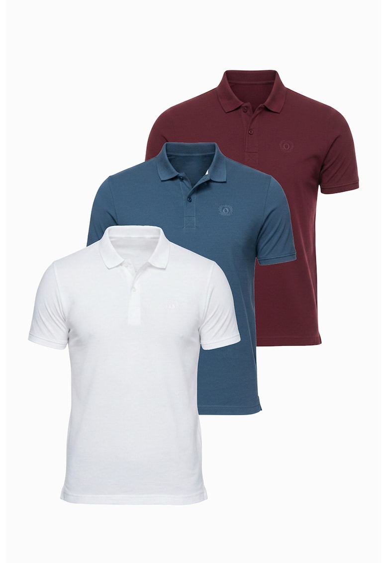 Set de tricouri polo din bumbac - 3 piese - Alb/Visiniu/Albastru petrol