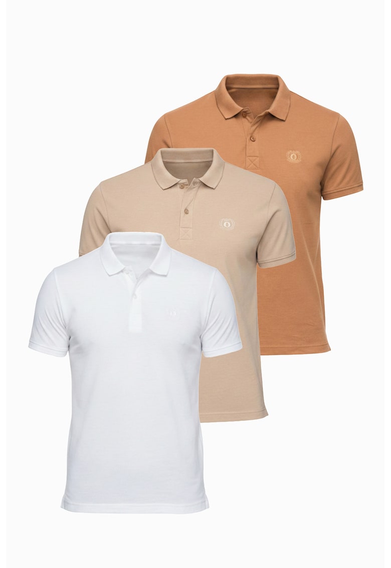 Set de tricouri polo din bumbac - 3 piese - Alb/Maro deschis/Bej inchis