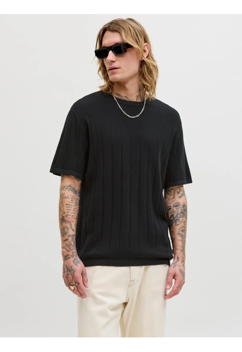 Tricou barbati la baza gatuilui - din bumbac organic - Relaxed Fit - JJEBRADLEY - Negru -