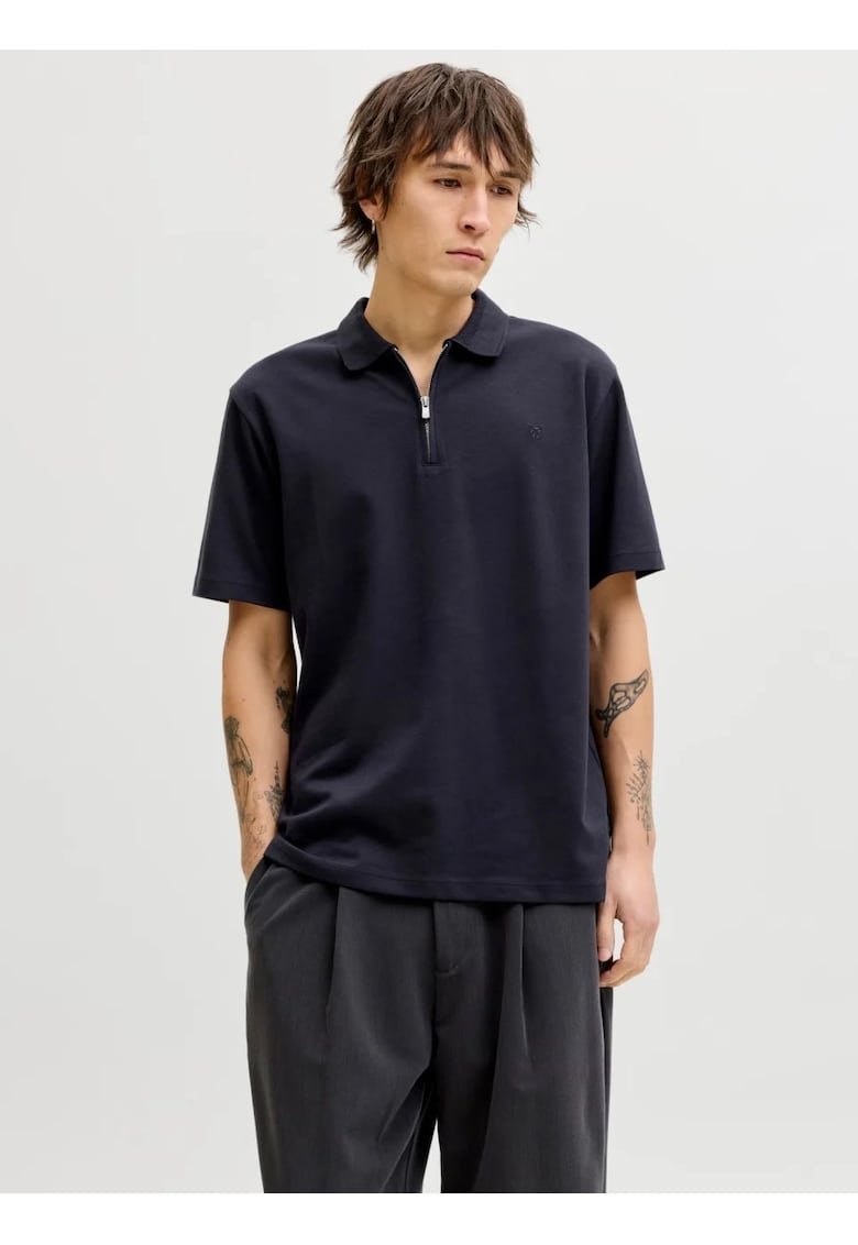Tricou polo barbati - cu fermoar - Regular Fit - JPRBLAETHAN - Bleumarin inchis -