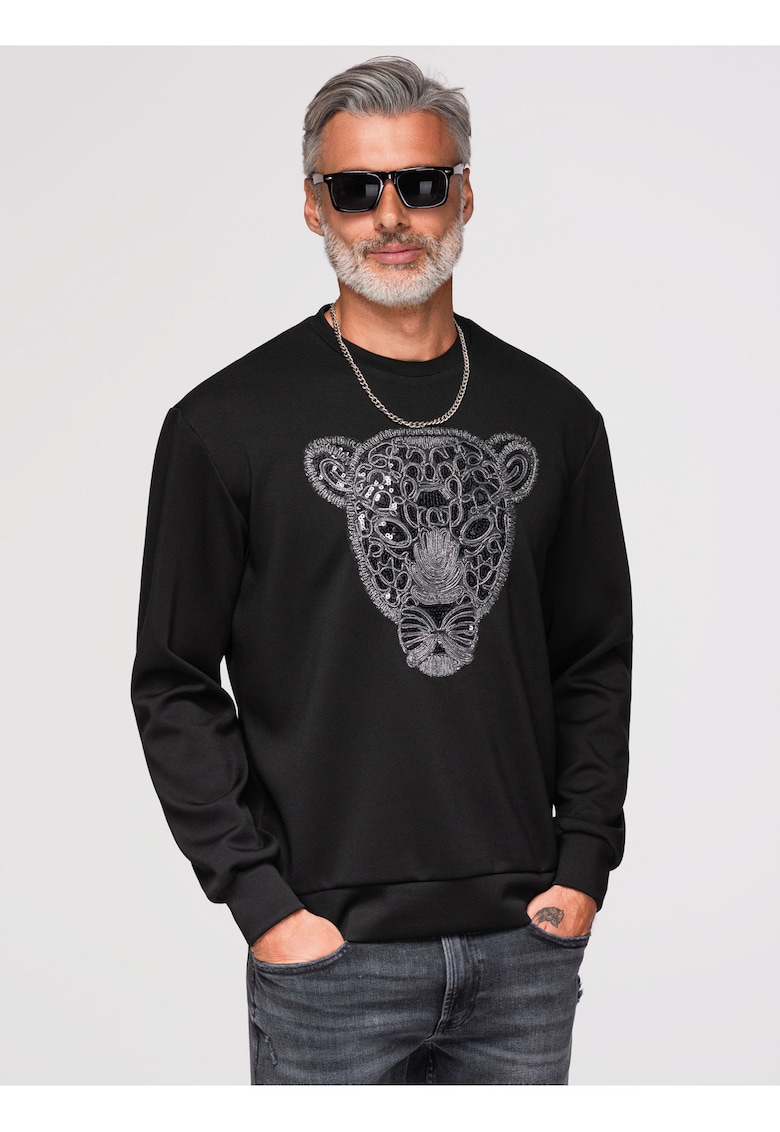 Bluza cu aplicatie pantera si material elastic - Negru