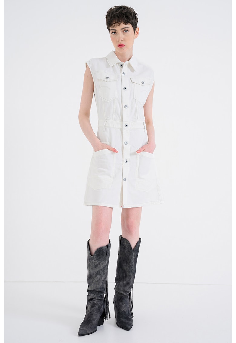 Rochie mini din denim fara maneci - Alb murdar
