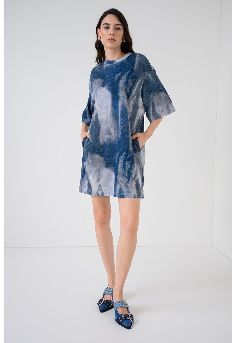 Rochie din bumbac organic cu model tie-dye - Albastru oceanic/Bleumarin