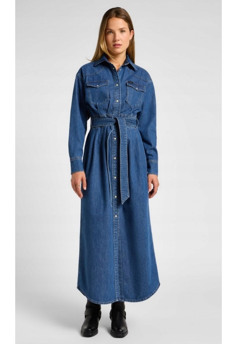 Rochie din denim Belted Western Dress - lunga - albastru inchis - 100% bumbac - cu curea -