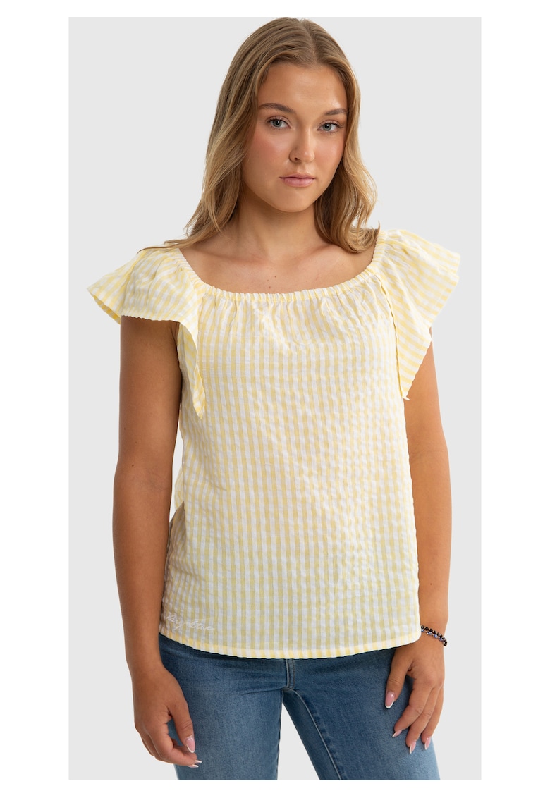 Tricou cu imprimeu in carouri Kinga - Galben