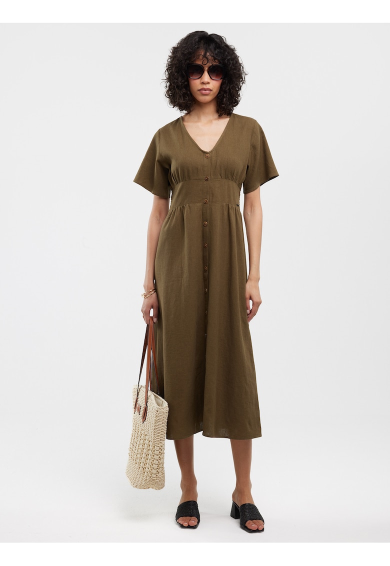 Rochie midi din amestec de in cu decolteu in V Victorine