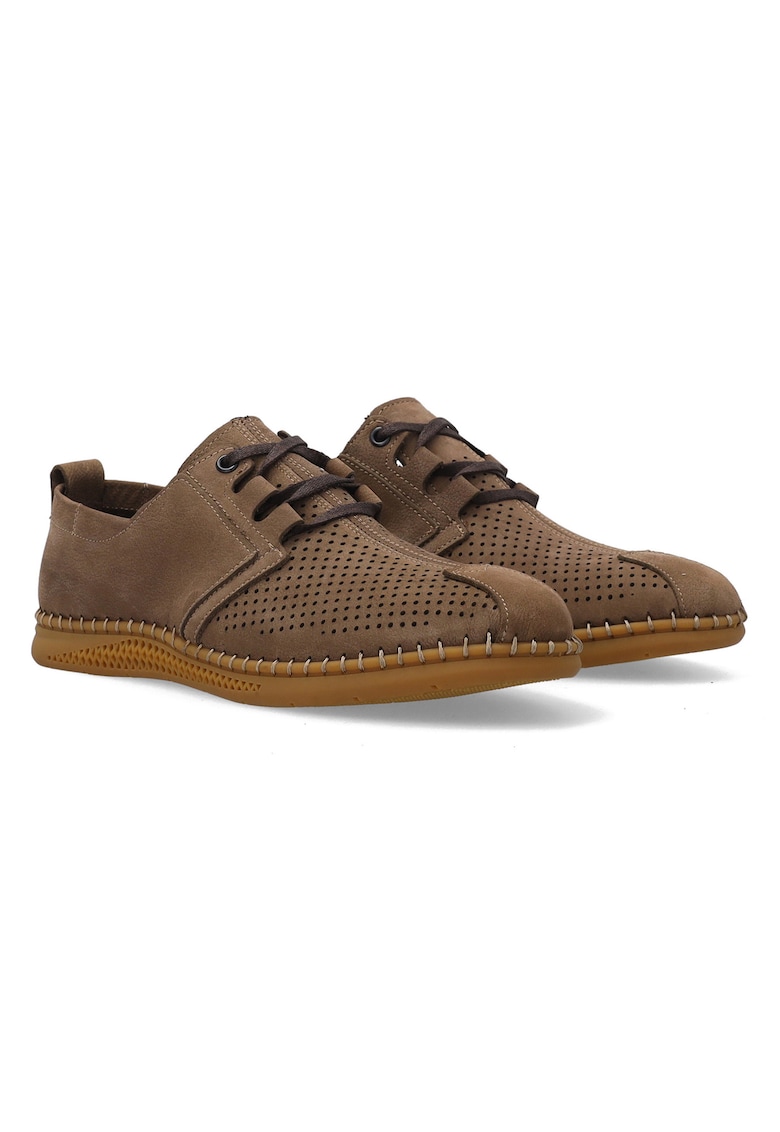 Pantofi casual din piele nubuc cu sireturi cu perforatii decorative
