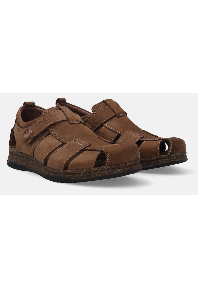 Sandale pescar din piele nabuc cu velcro