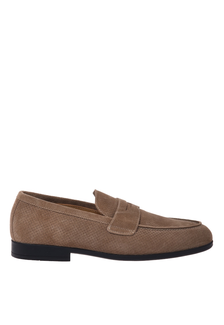 Pantofi loafer din piele intoarsa cu design perforat - Bej