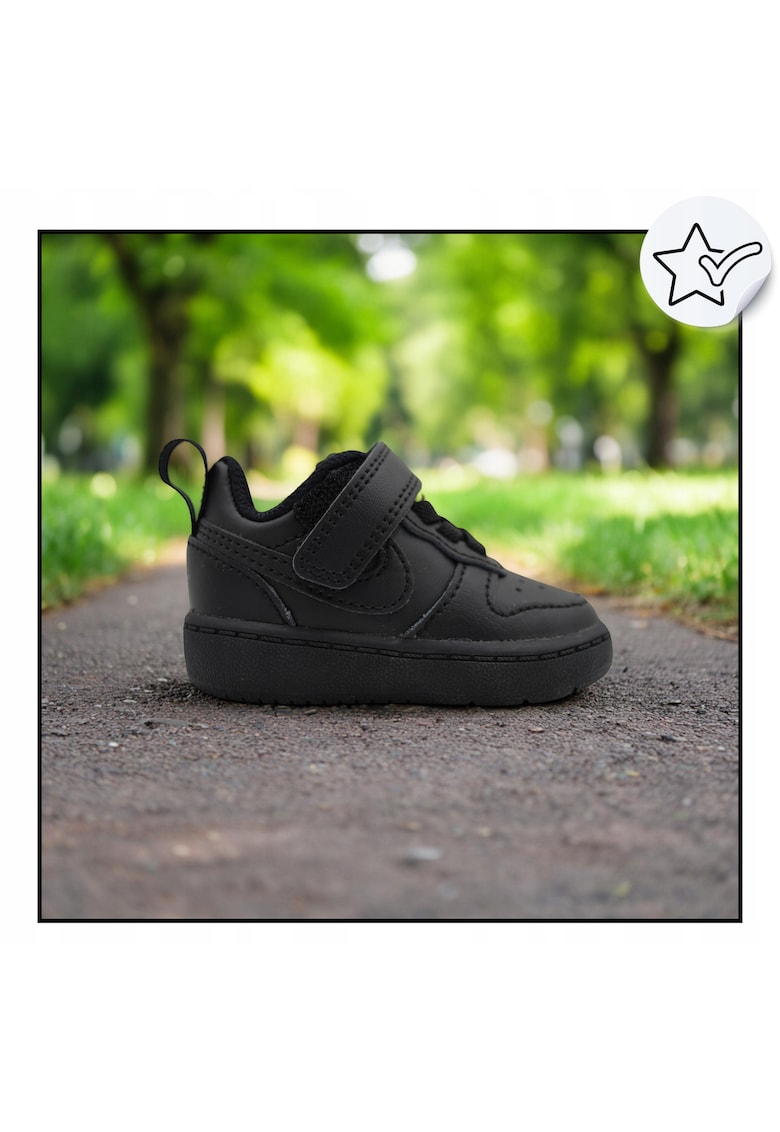 Pantofi Sport Copii - Court Borough Low 2 TDV - Negru - Din Piele Naturala Si Sintetica - Interior Textil Pentru Confort Sporit - Sireturi Elastice Si Velcro Pentru O Talpa Din - Negru
