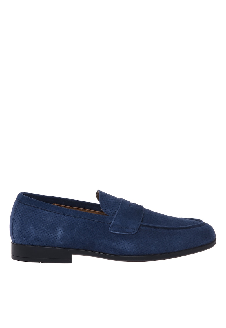 Pantofi loafer din piele intoarsa cu perforatii decorative - Albastru