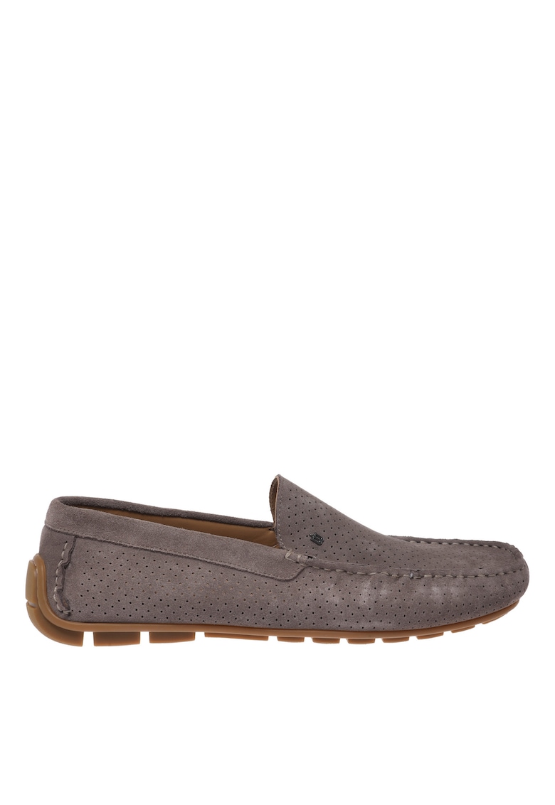 Pantofi loafer din piele intoarsa cu perforatii - Maro taupe