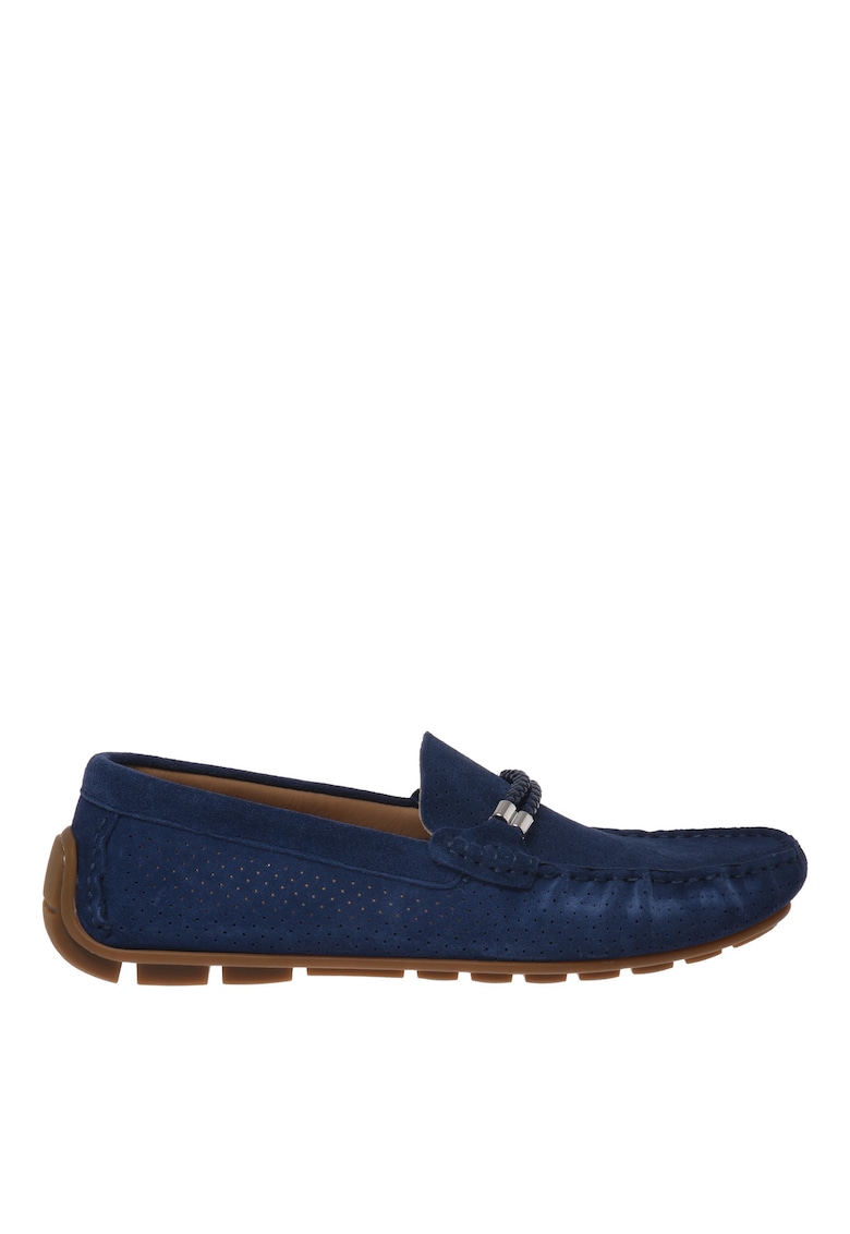 Pantofi loafer din piele intoarsa cu bareta decorativa - Albastru