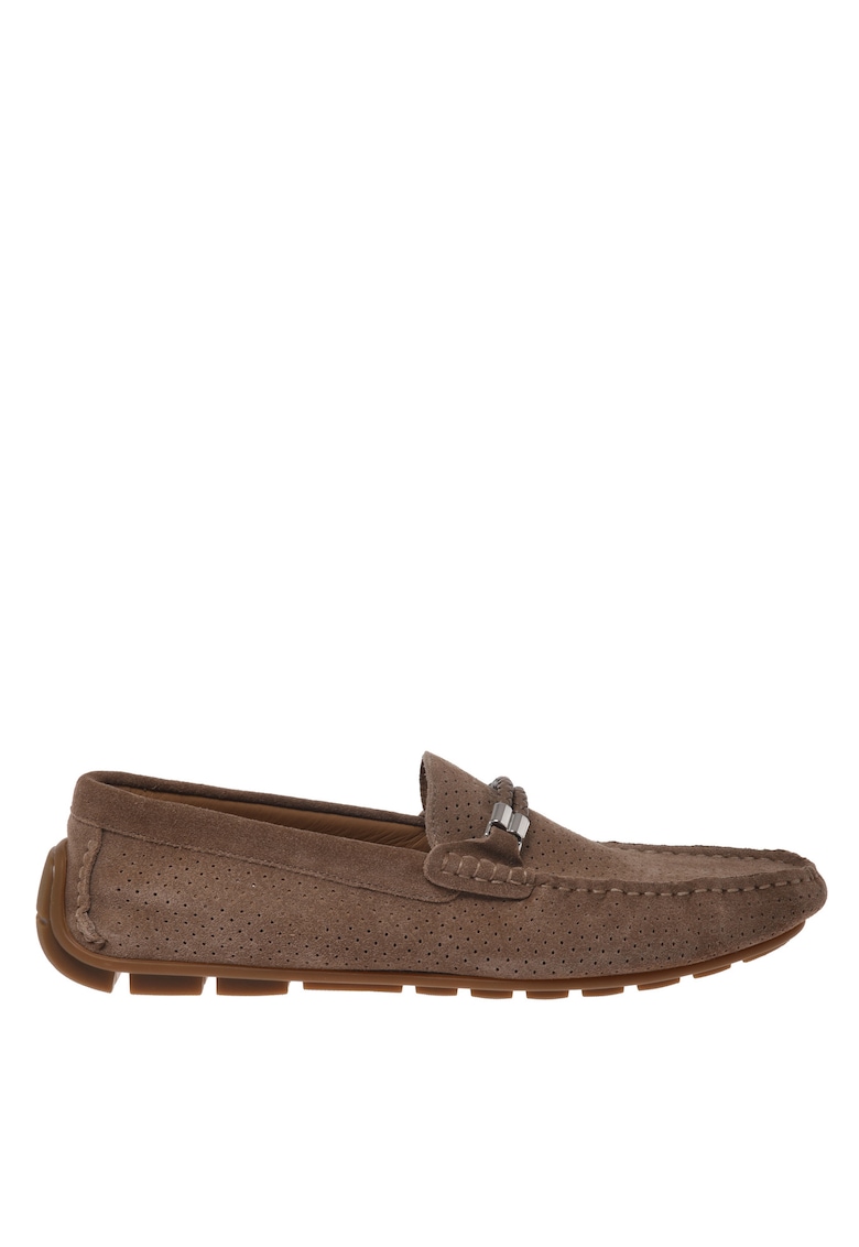 Pantofi loafer din piele intoarsa cu bareta decorativa - Bej