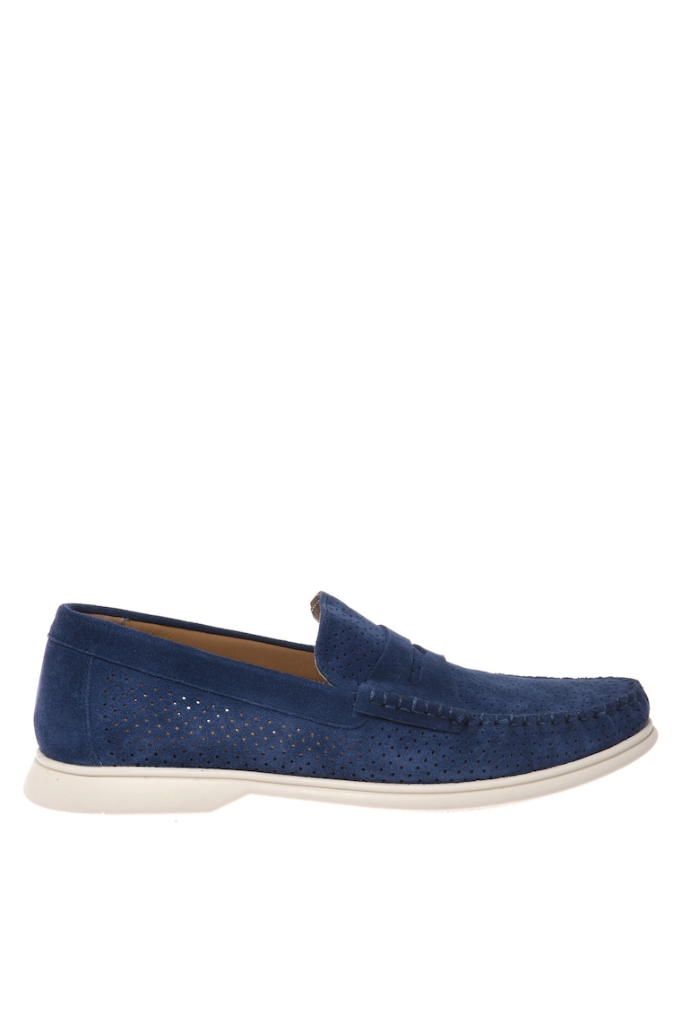 Pantofi loafer din piele intoarsa cu design perforat - Albastru