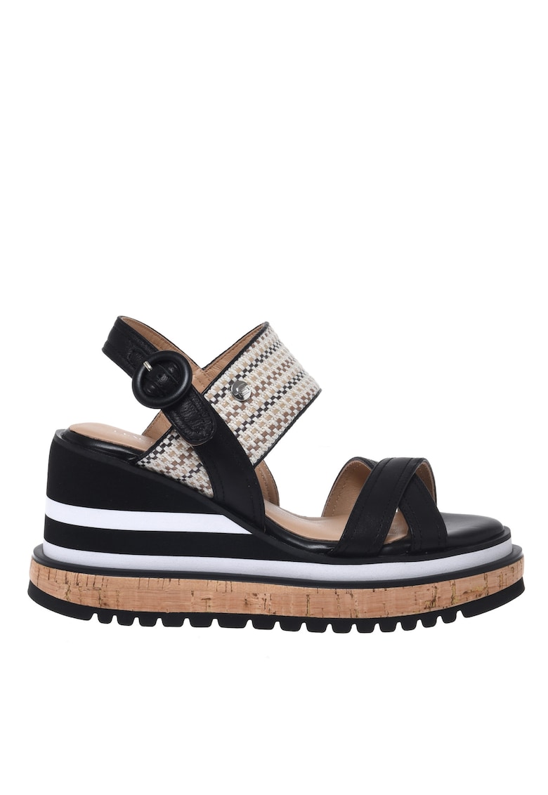 Sandale wedge din piele si rafie - Negru