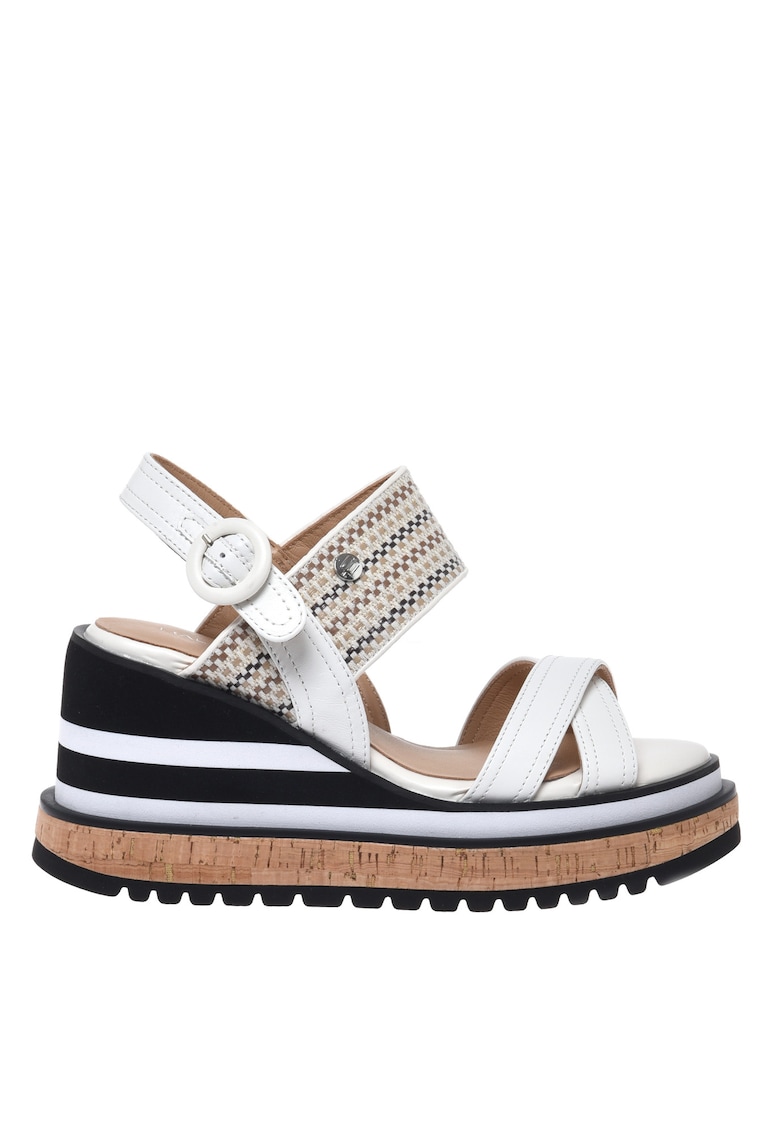 Sandale wedge din piele si rafie - Alb