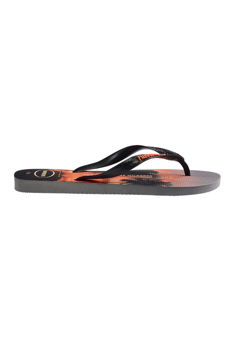 Papuci flip-flop cu imprimeu tropical - Negru/Portocaliu dovleac