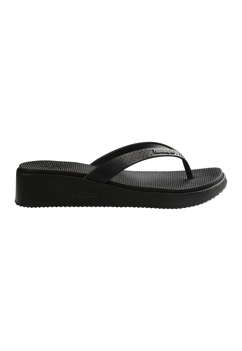 Papuci flip-flop cu talpa wedge si detaliu logo - Negru/Gri cenusiu