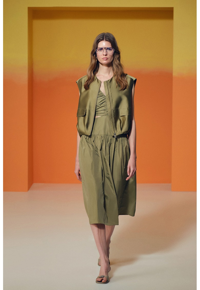 Rochie midi cu decolteu in V - Verde masliniu inchis